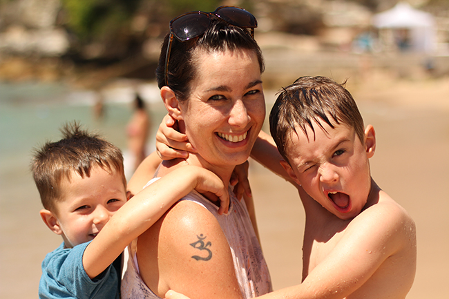 Ease the stress of school transition - Katie and her kids on the beach >> on Kids Yoga Stories