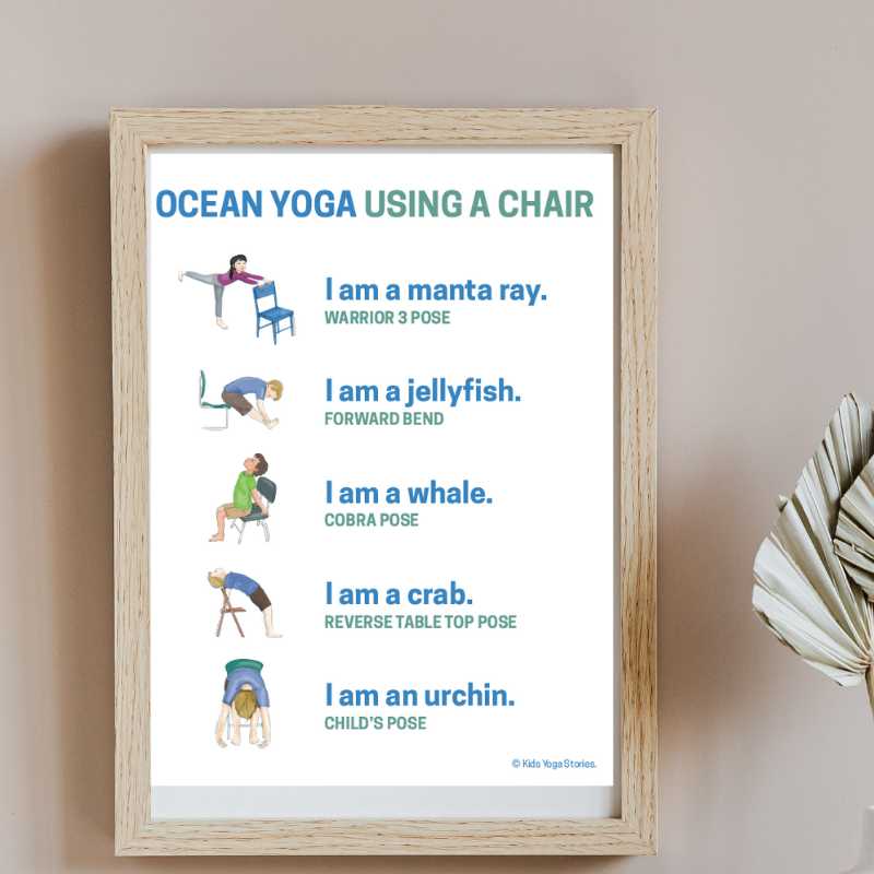 Ocean Yoga using a chair free printable poster | Kids Yoga Stories