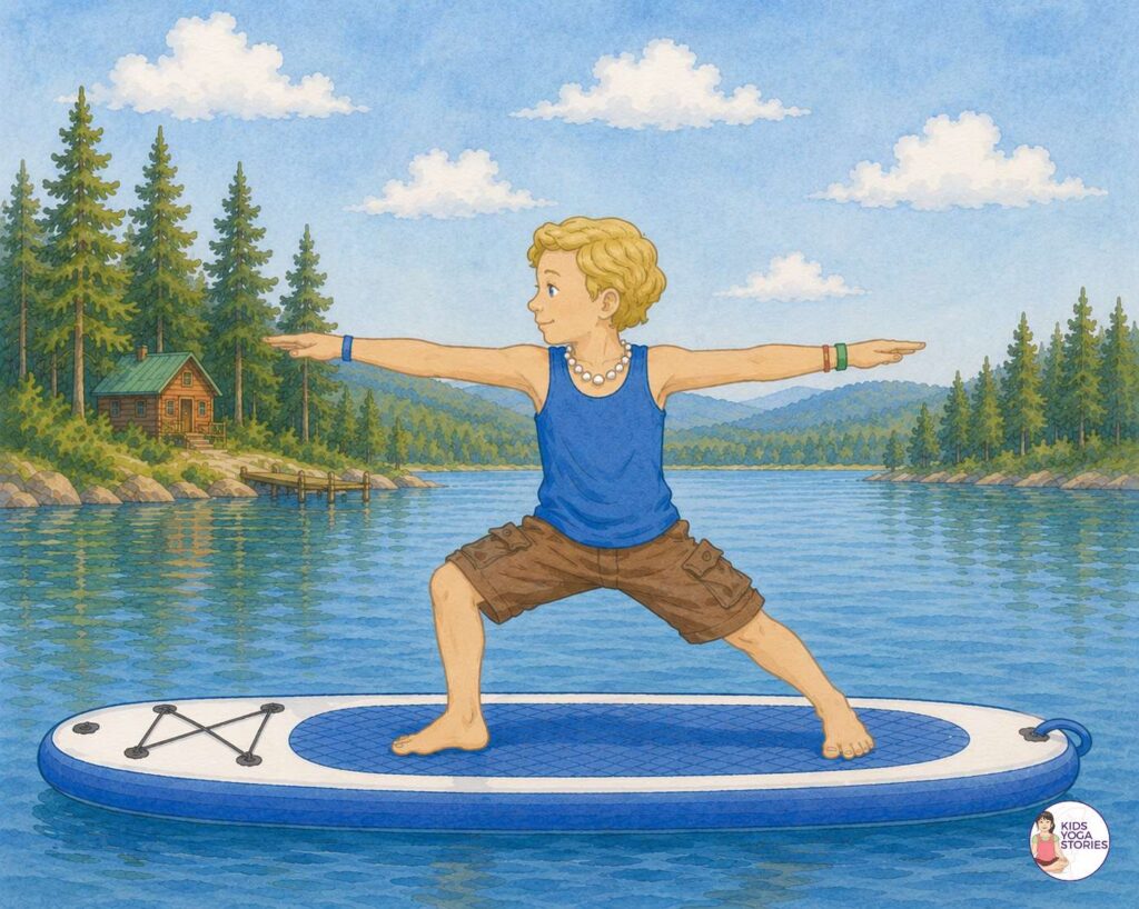 Warrior 2 Pose on a paddleboard | Kids Yoga Stories