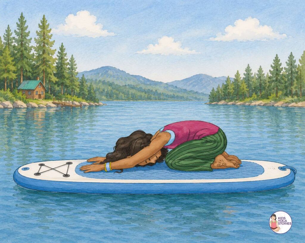 Extended Child's Pose on a paddleboard | Kids Yoga Stories